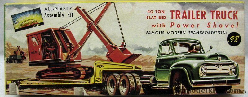 Aurora 1/64 Ford V-8 Commercial Truck with 40 Ton Flat Bed Trailer and Power Shovel, 683-98 plastic model kit